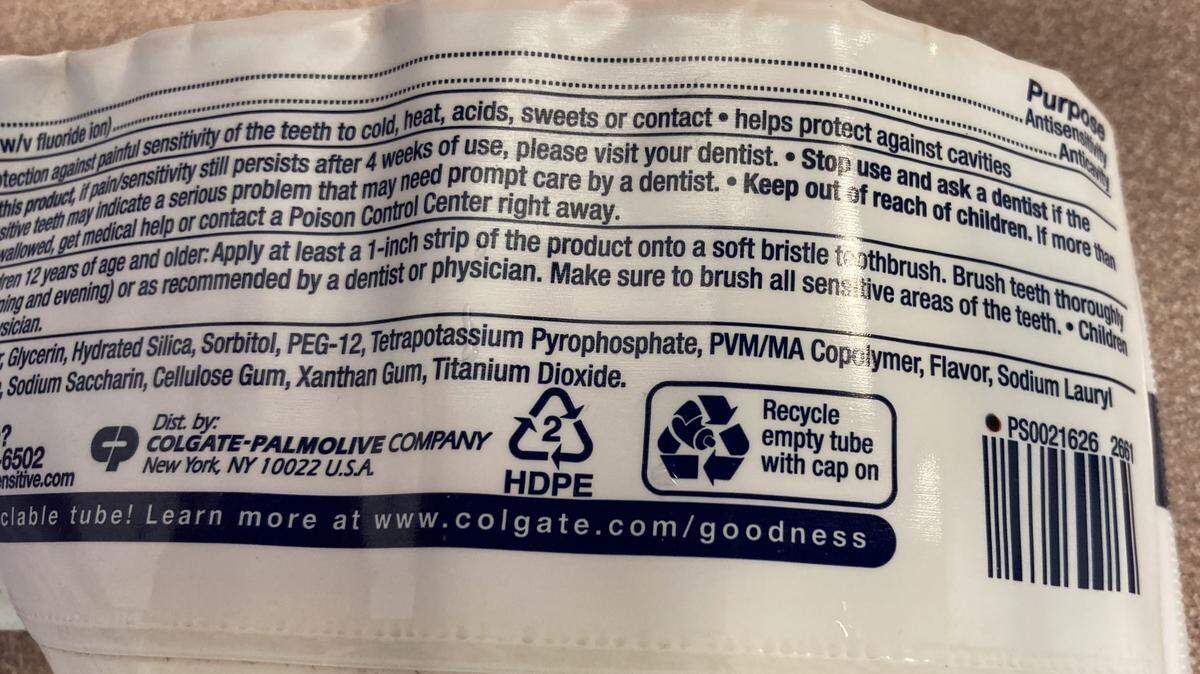This toothpaste tube, made of No. 2 plastic, can be recycled in Boise’s and most other U.S. recycling programs. Empty the tube first, and leave the cap on, the distributor says.