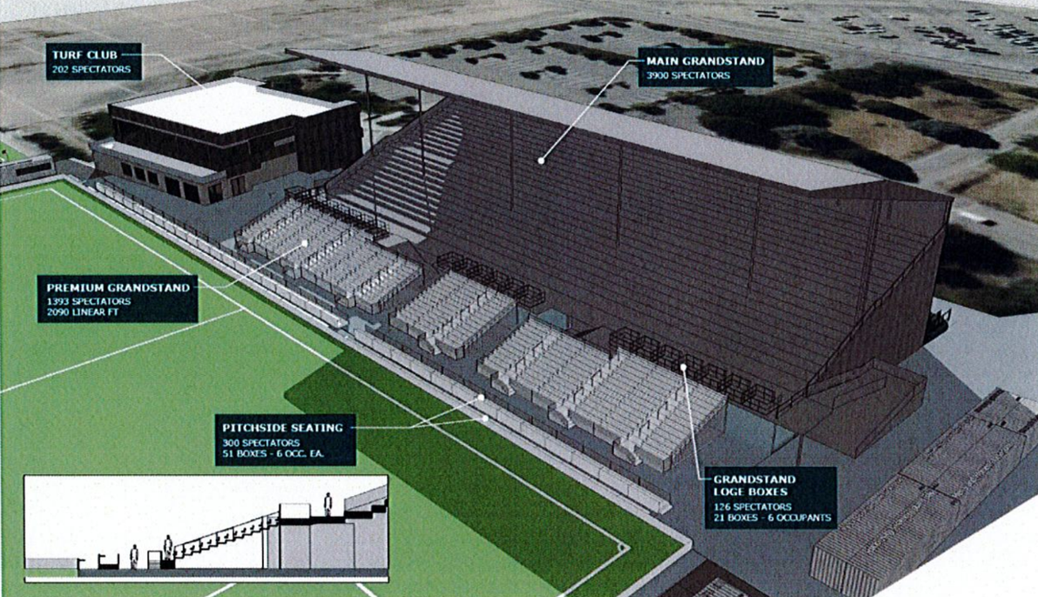 A preliminary design shows additions to the existing grandstands at Expo Idaho, including expanded seating down to the field.