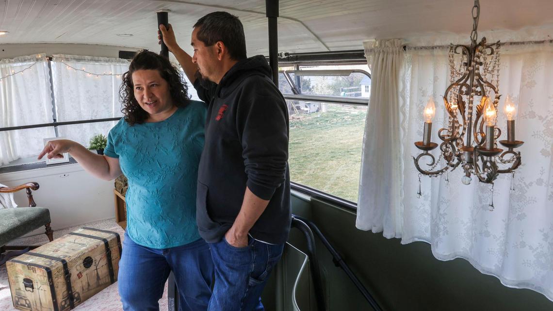 “It was full of seats—with gum (underneath),” said Angie Mori, with her husband Dustin, while explaining the task of converting a British double-decker bus into an Airbnb hideaway in Caldwell.