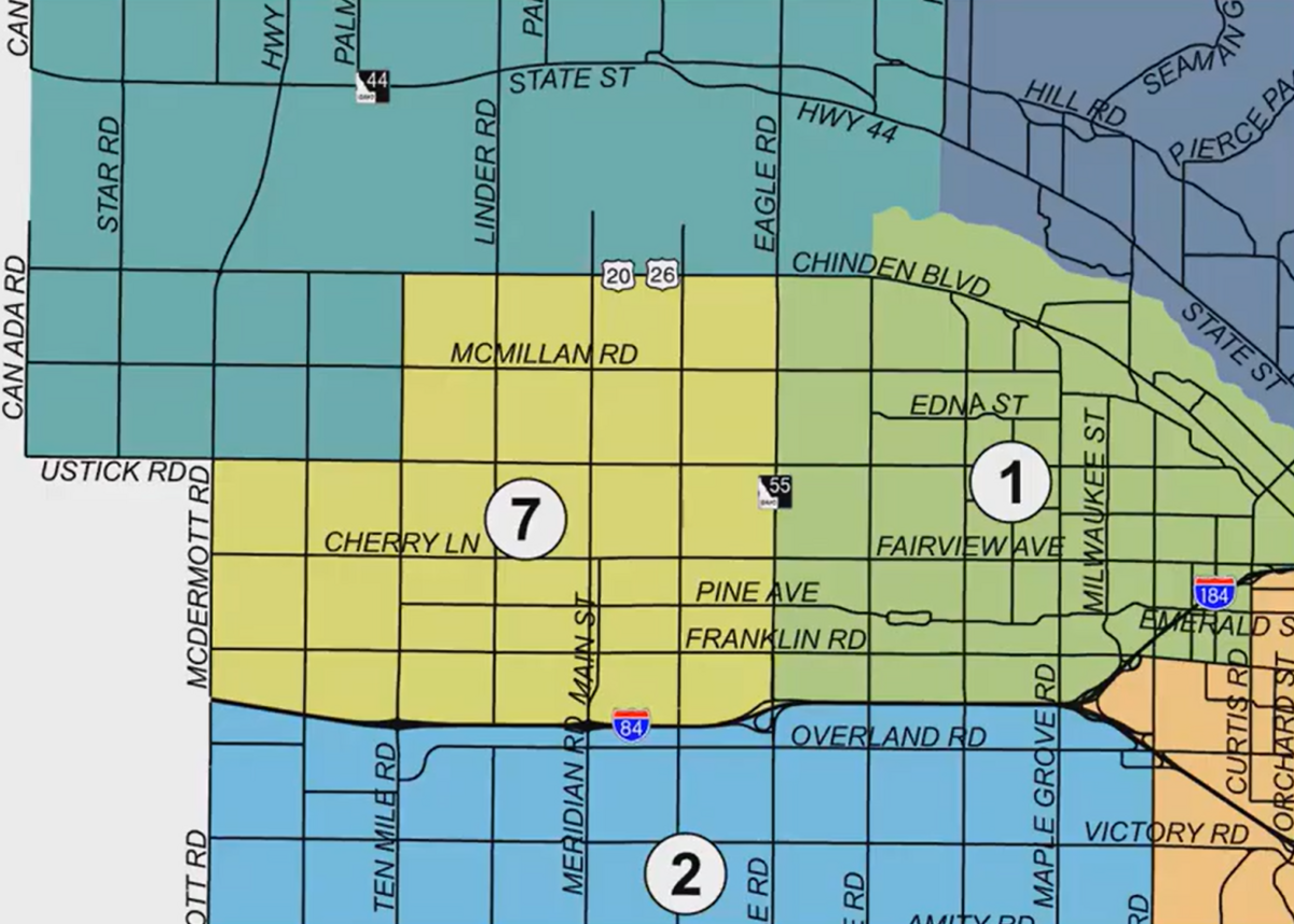 Zone 7, shown in yellow, is expected to be a priority for the Ada County Highway District for chip-sealing in 2026.