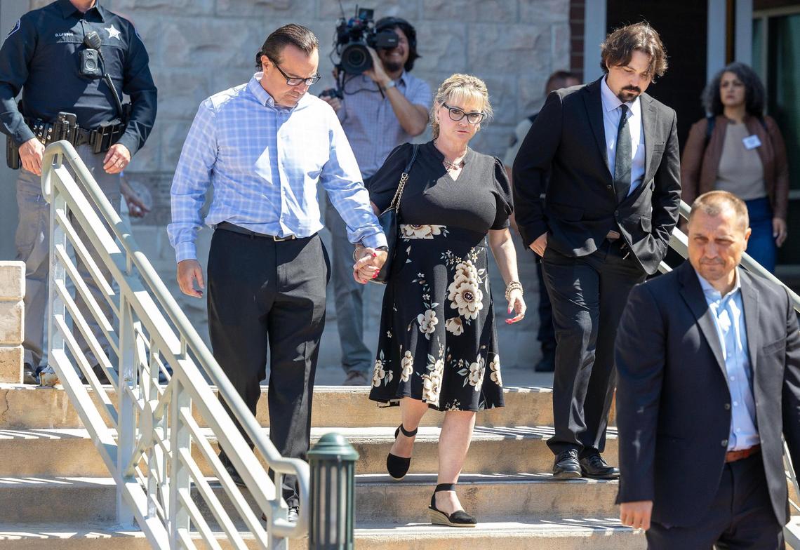 Father Steve Goncalves, mother Kristi Goncalves and brother Steven Goncalves leave the Ada County Courthouse after the sentencing of Bryan Kohberger, Wednesday, July 23, 2025. Kohberger, who pleaded guilty to the first-degree murders of four University of Idaho students, including Goncalves, received four consecutive life sentences on four counts of first-degree murder.