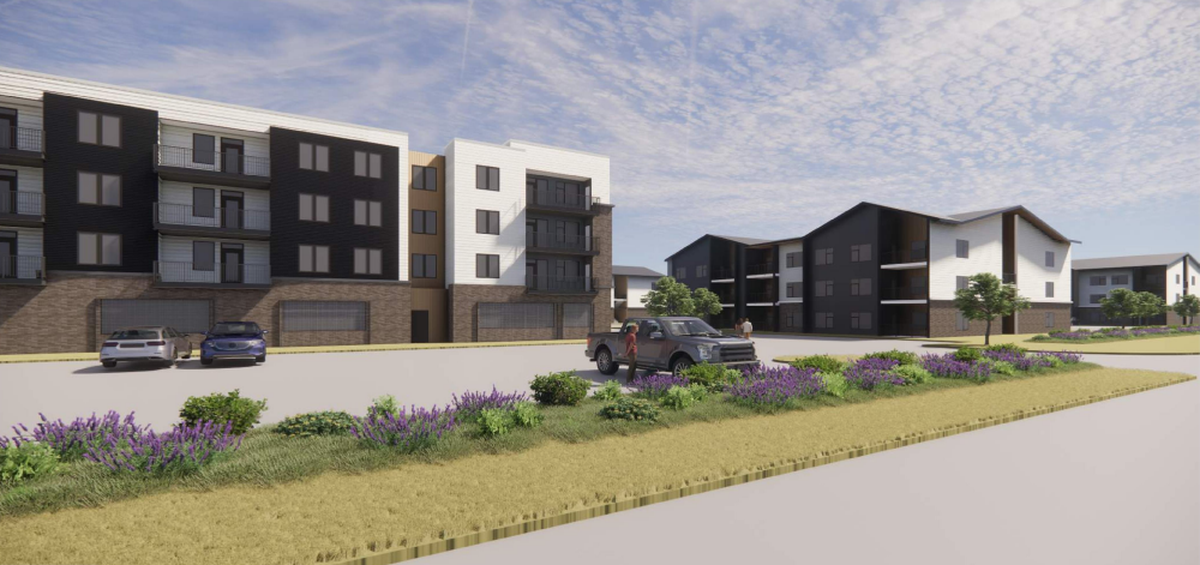 An illustration of multifamily housing proposed for the Syringa Crossing development.