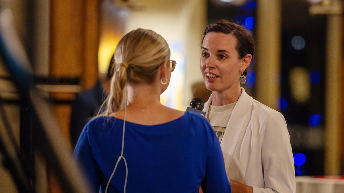 Sen. Tammy Nichols, R-Middleton, is interviewed at the Republican election night watch party at the Riverside Hotel.