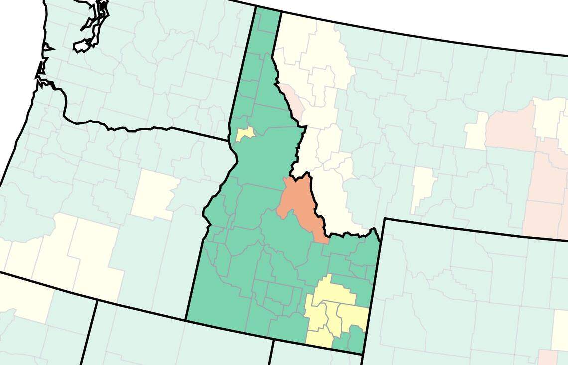 This is the U.S. Centers for Disease Control and Prevention’s latest COVID-19 community level map. It shows what areas of Idaho are at the highest risk for spread of the disease. As of Thursday, Lewis, Bingham, Power, Oneida, Bannock and Caribou counties are in the medium-risk category, or yellow zone. Only Lemhi County is in the high-risk red zone.