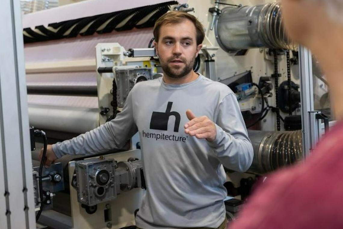 Mattie Mead, founder and CEO of Hempitecture, inside the company’s new Jerome plant. “In 2012, founder and CEO Matthew Mead set out for tangible solutions to the climate crisis and founded the Hempitecture concept,” the company says. “The brand’s mission is to use plant-based resources to replace toxic, synthetic materials used in industries such as construction.”