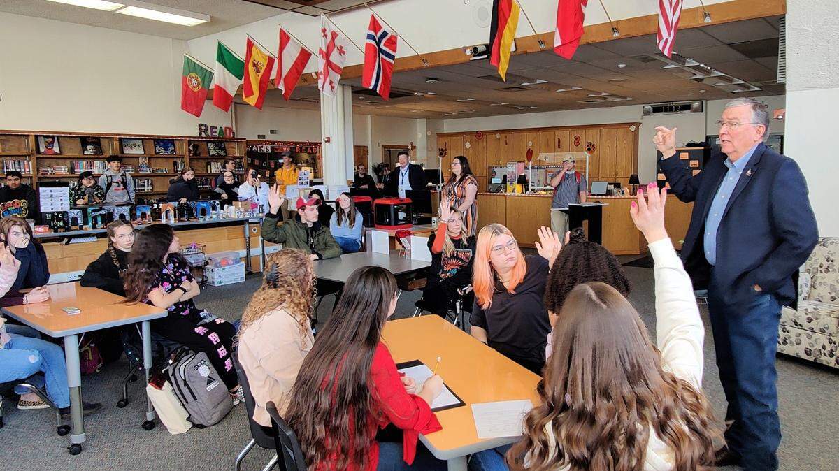 Lt. Gov. Scott Bedke pitches the Idaho Launch scholarship program to students in the Idaho Falls High School library in February.