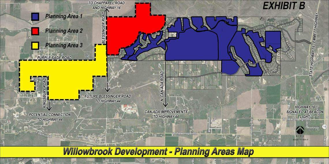 Three planning areas are shown for the Willowbrook Development. The area shaded to the far right of the map is in Ada County in the exissting Hillsdale Subdivision. The area near the top of the map would be the second planning area along Blessinger Road and Can-Ada Road. The area on the left of the map would be the final planning area in Canyon County, south of Purple Sage Road.
