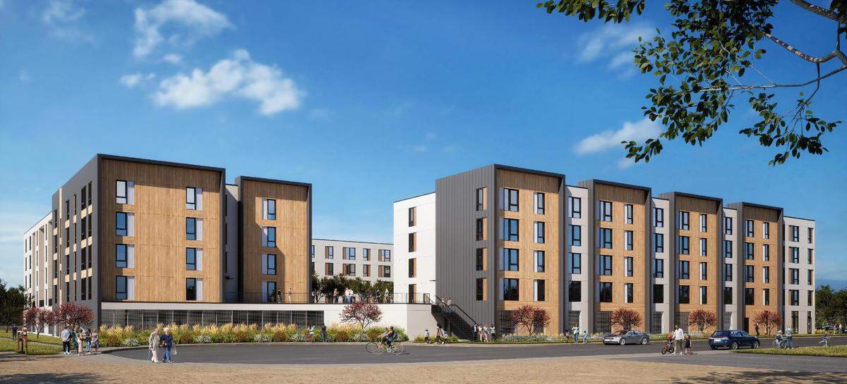 This rendering shows the view from West Denton Street. An outdoor area is visible in the middle on the second floor, the first of the four residential stories, above the ground-floor parking garage.