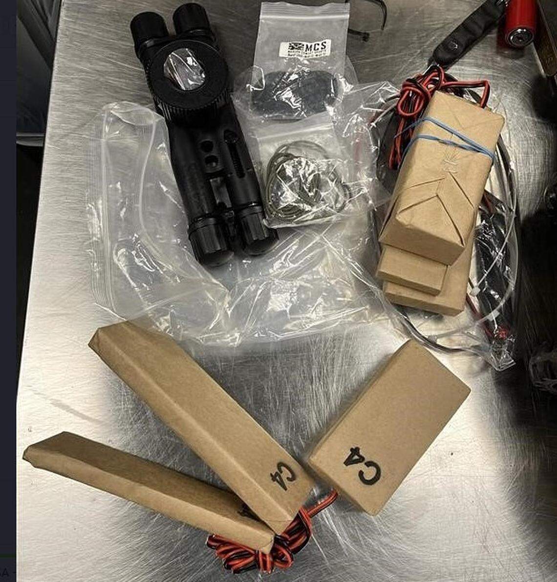 A training replica of a bomb made up of PVC pipes and blocks marked as ‘C4’