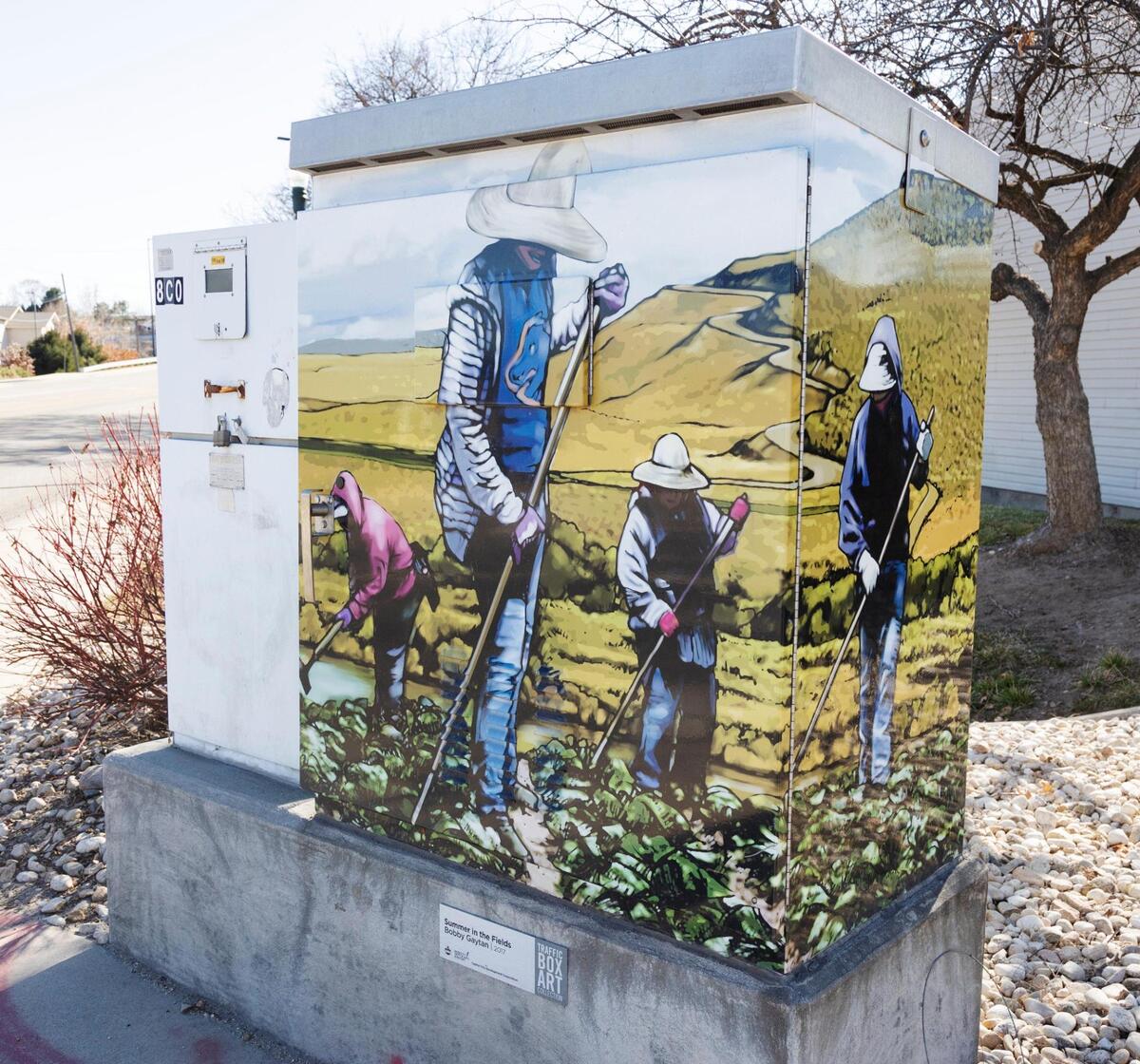 Bobby Gaytan’s art is featured on this utility-box wrap at Vista Avenue and Canal Street in Boise. Gaytan grew up as a migrant farm worker living in Texas and Idaho and says that is why he is drawn to paint farm workers.