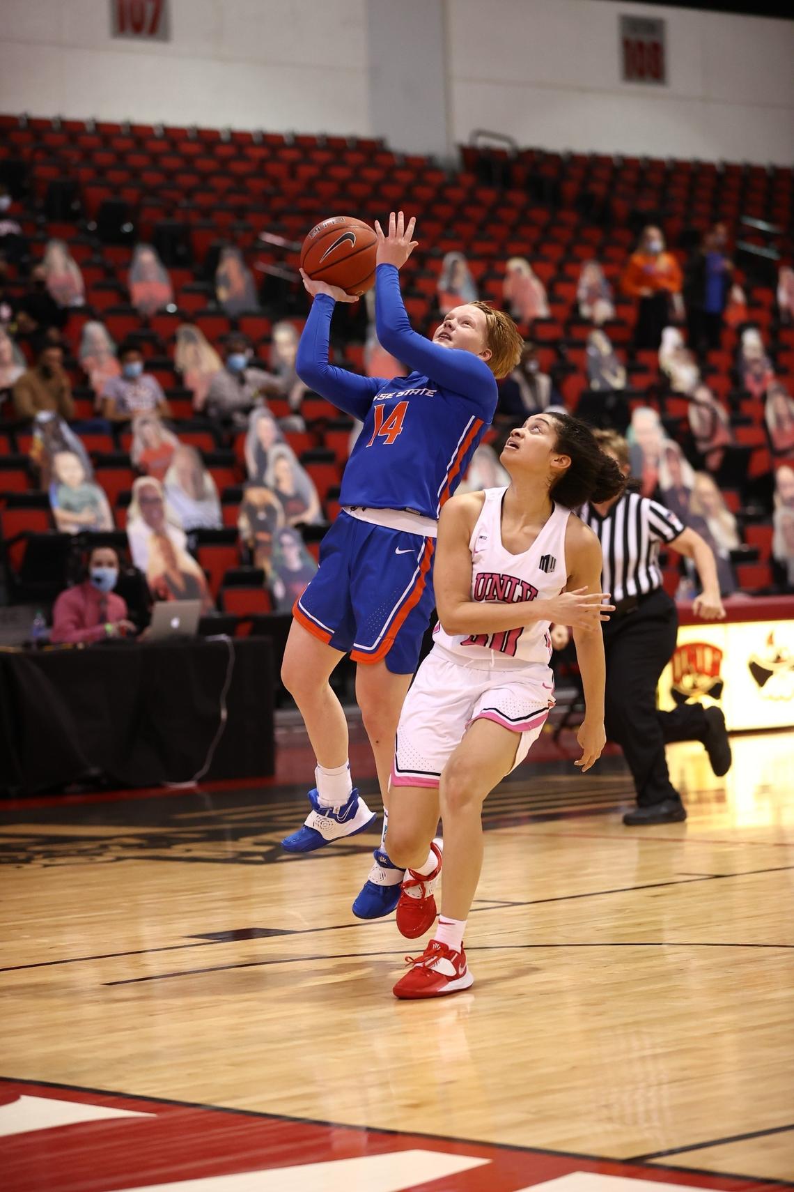 Boise State freshman Anna Ostlie goes up for a shot against UNLV on Thursday at Cox Pavilion in Las Vegas. The Broncos lost 74-62.