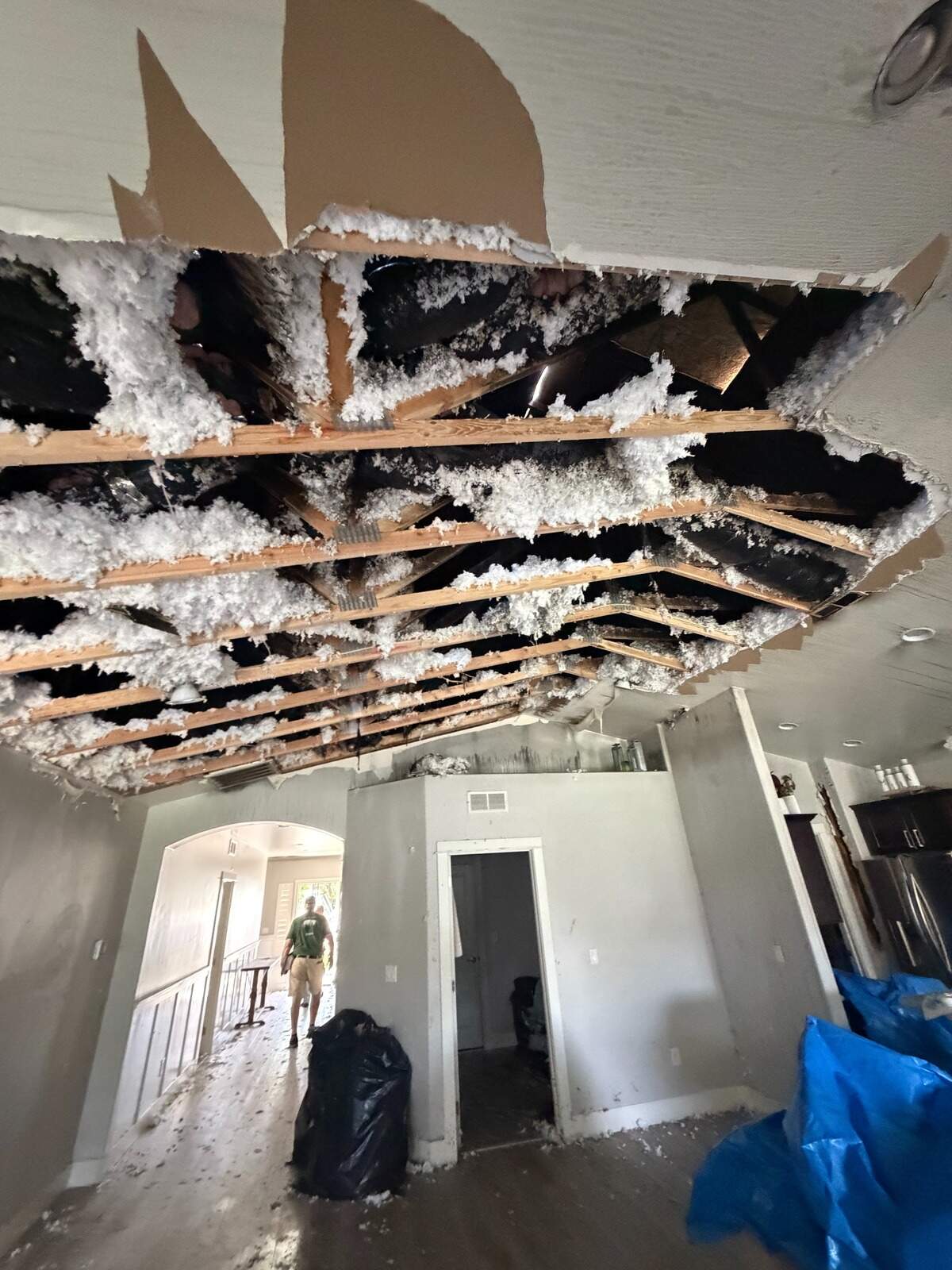 The Nampa Fire Protection District said the Merazes’ ceiling caved in under the weight of the water used to douse the flames.