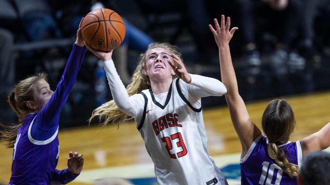 Boise’s Avery Howell shoots between Rocky Mountain defenders last season.