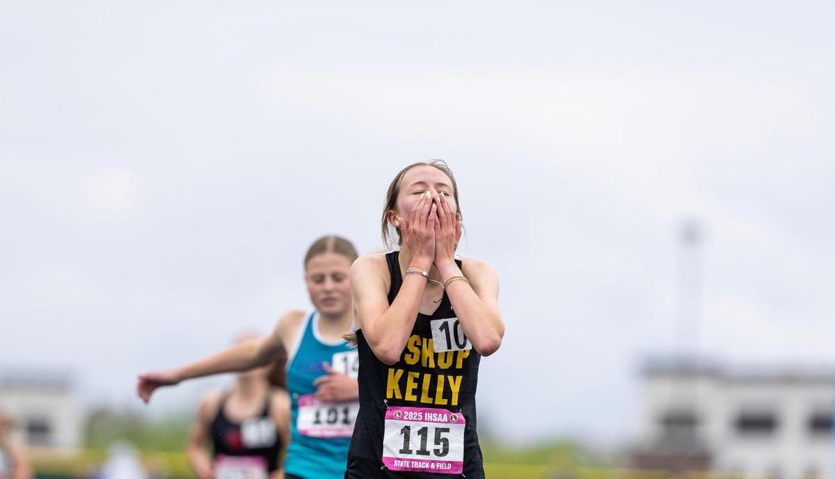 Zoey Stauffer of Bishop Kelly finishes in first place in the 5A girls 1,600 meters Saturday at Mountain View High School.