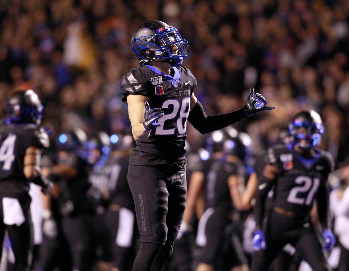 Boise State nickelback Kekaula Kaniho (28) celebrates his second half interception against Air Force at Albertsons Stadium on Friday Sept. 20th, 2019.