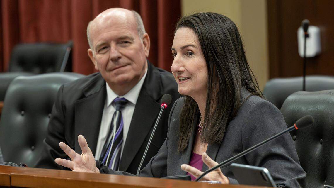 House Minority Leader Ilana Rubel, D-Boise, presents a less-rosy budget outlook with Speaker of the House Mike Moyle, R-Star, sitting nearby. Leadership from the House and Senate joined a 2026 Legislative Session at a preview event hosted by the Idaho Press Club and Capitol Correspondents Association in the Lincoln Auditorium at the Idaho Statehouse, Thursday, Jan. 8, 2026.