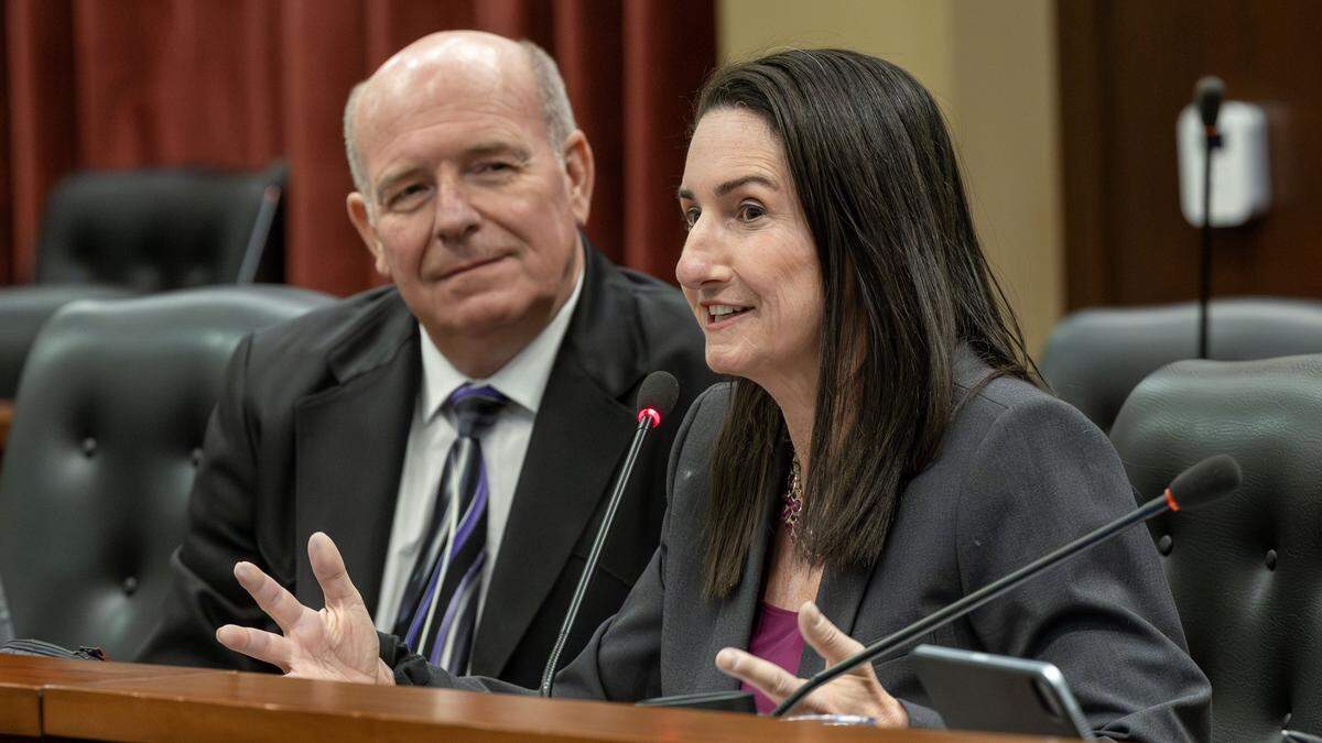 House Minority Leader Ilana Rubel, D-Boise, presents a less-rosy budget outlook with Speaker of the House Mike Moyle, R-Star, sitting nearby. Leadership from the House and Senate joined a 2026 Legislative Session at a preview event hosted by the Idaho Press Club and Capitol Correspondents Association in the Lincoln Auditorium at the Idaho Statehouse, Thursday, Jan. 8, 2026.