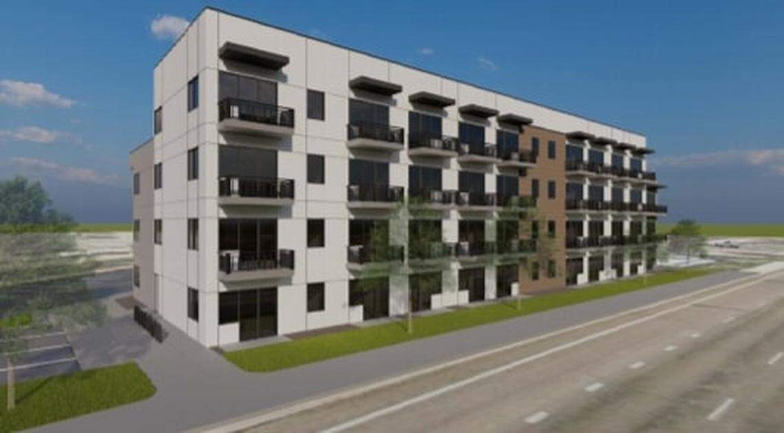 A rendering of a proposed four-story, 76-unit development at 709 N Cole Road, designed by a ALC Architecture.