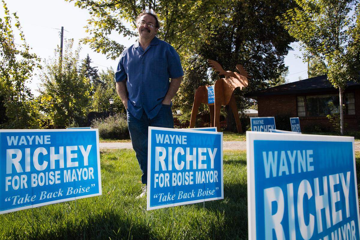 Mayoral candidate Wayne Richey in his Boise yard on a Saturday in September when he held a garage sale.