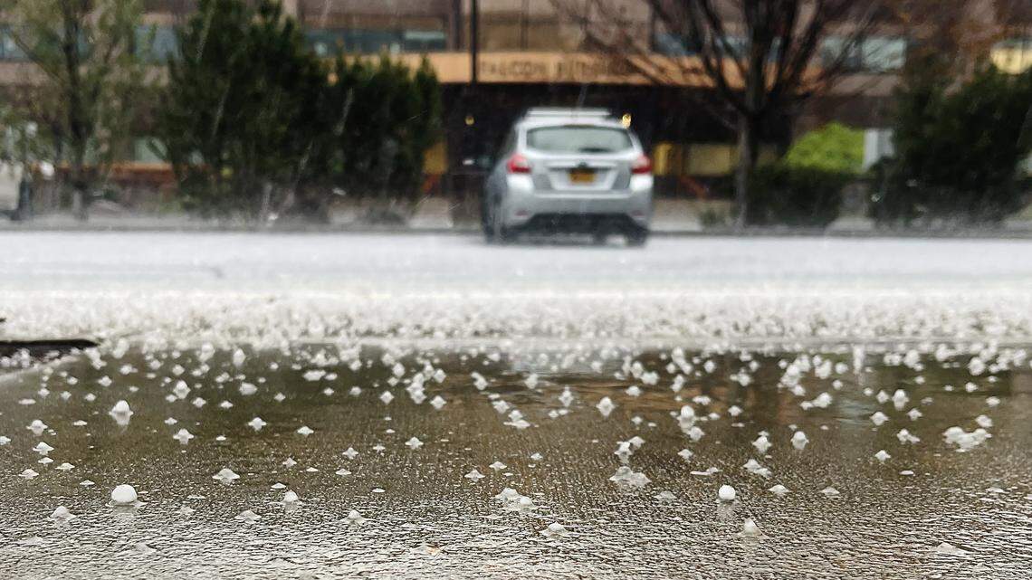 Graupel falling during a cold April thunderstorm that passed through Boise.
