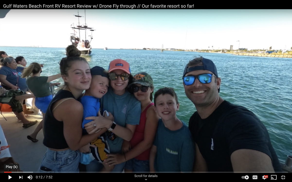 The Morse family poses in front of the ocean in Florida. The family (left to right), 15-year-old Jadyn, 3-year-old Koen, mom Amber, 10-year-olds Brittan and Hudson, and dad Brandon, is traveling the U.S. in an RV for a year.