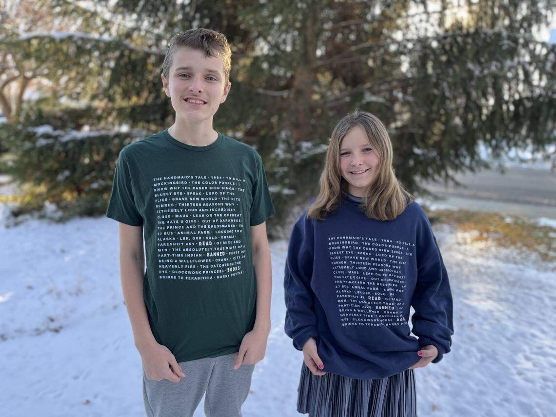 The ‘Banned Books’ shirts, modeled here, helped the Meridian Library Foundation raise $30,000 in donations for the Meridian Library District. The models, Liam and Avia Turner, are the children of Eryn Turner, who runs the Meridian Library Foundation.