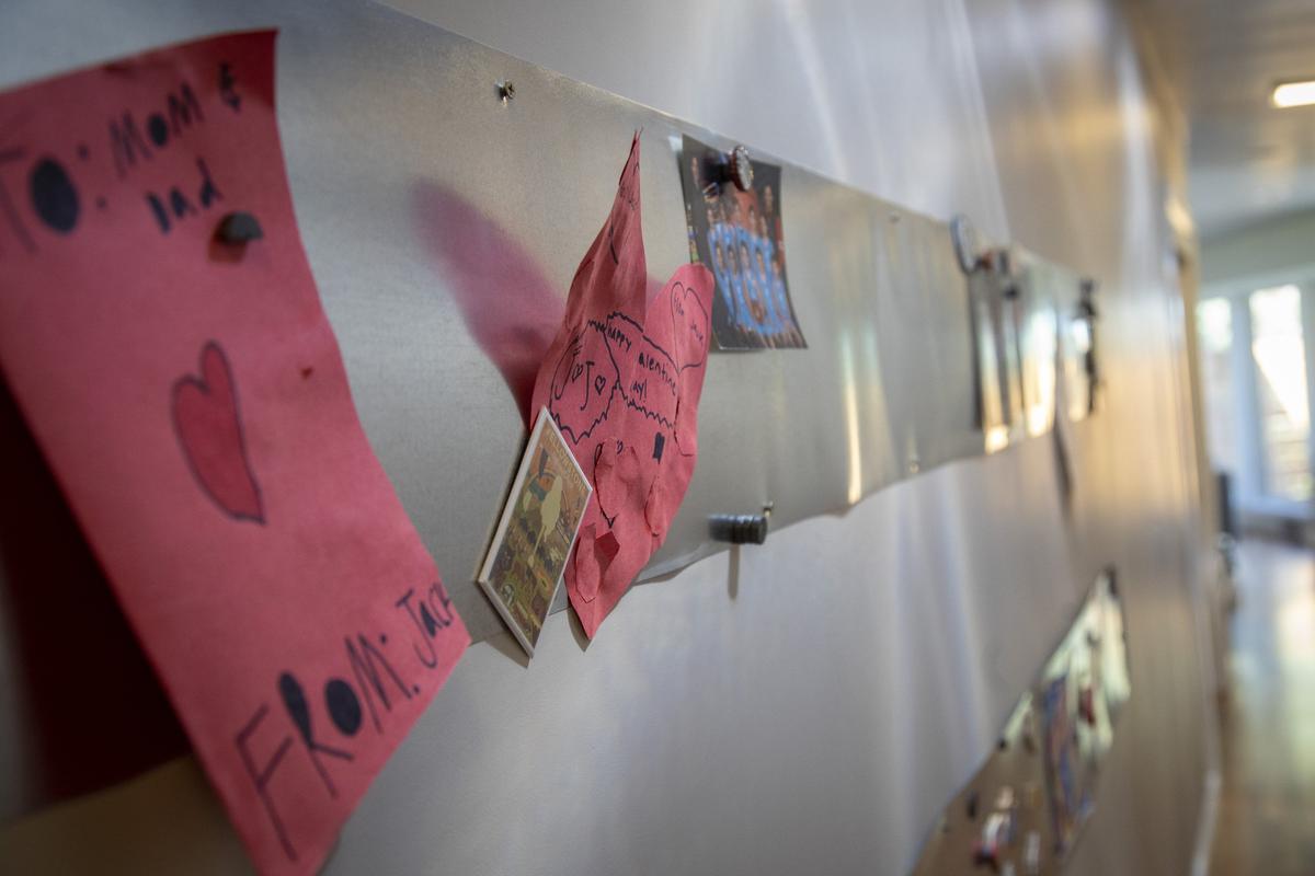 One of the cool elements the Nelsons installed is two metal strips in hall outside their children’s bedrooms. That’s were the kids stick their artwork, rather than the refrigerator.
