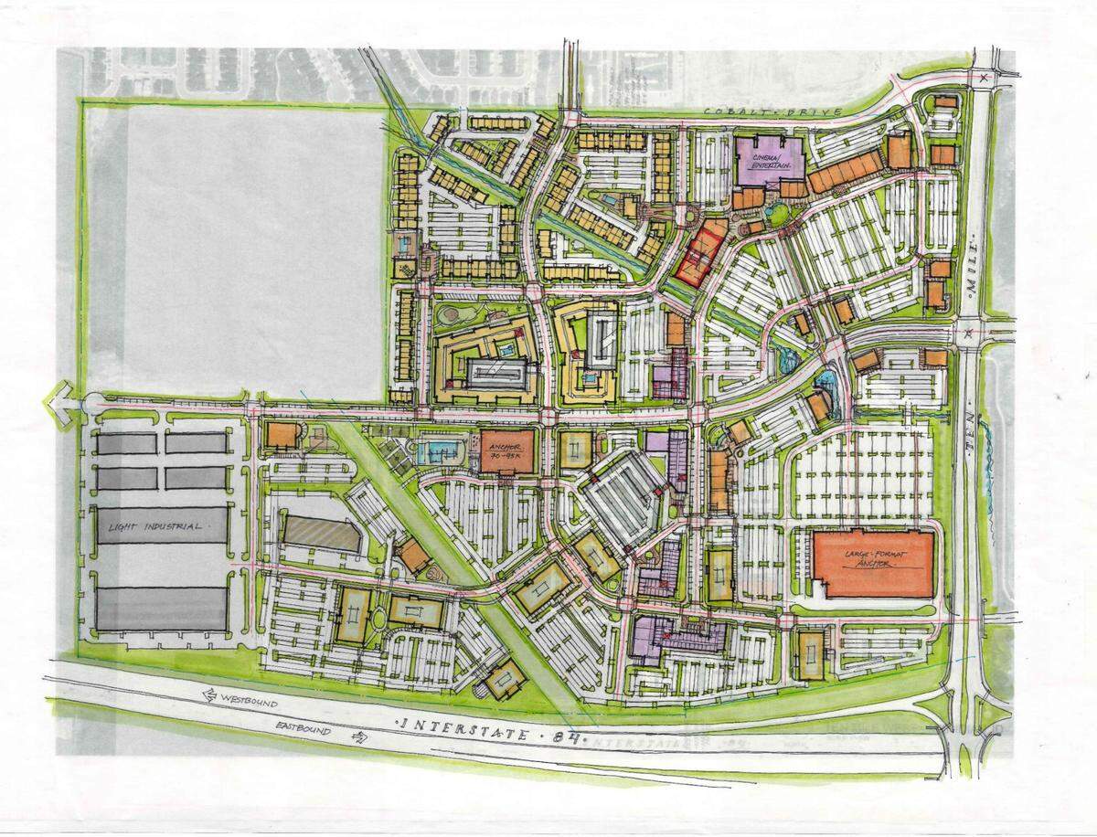 The preliminary map of The District at Ten Mile shows multiple light industrial spaces in lower left, two “anchor” stores in the center and lower right and a building labeled “cinema/entertainment” at the top.