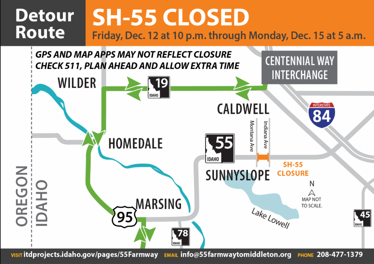 Idaho Transportation Department will be closing a section of Idaho 55 in Caldwell as crews replace irrigation infrastructure.