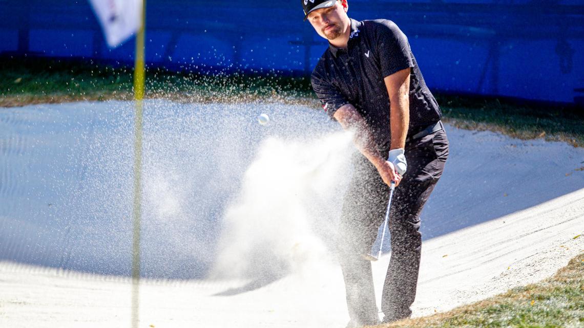 Matthew NeSmith blasts out of the sand to save par on the 17th at Hillcrest Country Club during the final round of last year’s Boise Open. NeSmith won the event, which this year will be played without spectators, it was announced Thursday evening.