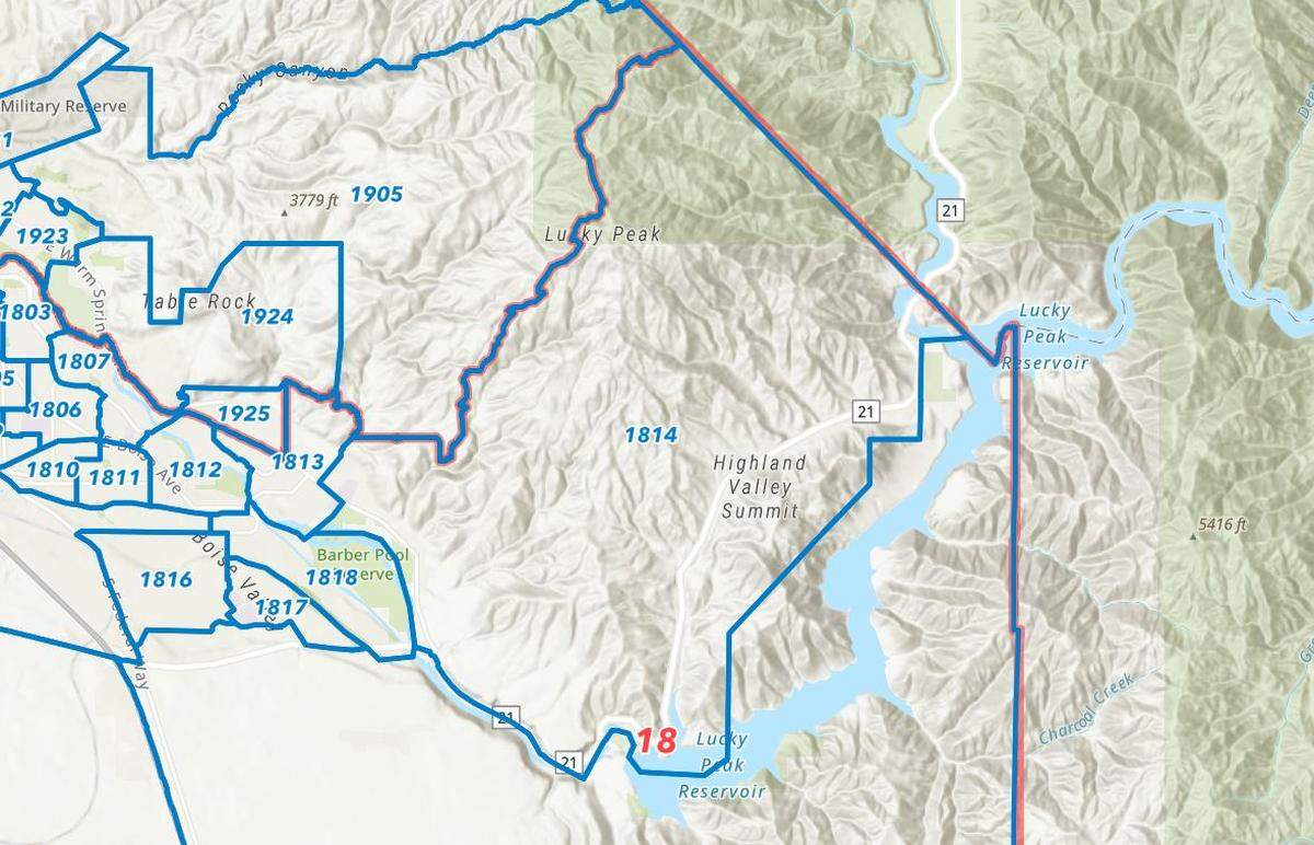 Precinct 1814 is located north of Lucky Peak Reservoir and east of the Barber Pool Conservation Area.