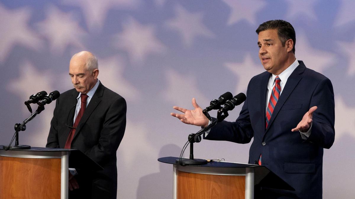 Idaho Attorney General Republican candidate Raúl Labrador responds to a question about election integrity and his reported comments on Jan. 6, 2021, regarding the certification of the electoral votes. Labrador and Democratic candidate Tom Arkoosh debated AG issues during a debate hosted by Idaho Public Television, Monday, Oct. 3, 2022, in Boise.