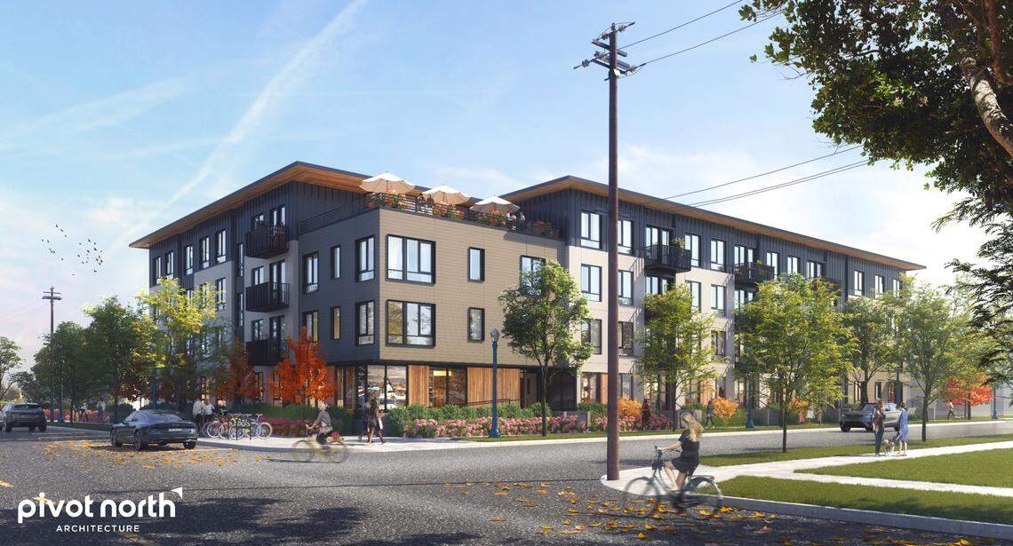 “The proposed structure addresses the corner, creating an engaged and context appropriate urban development with parking in the rear accessed off of the alley,” states the project proposal application.