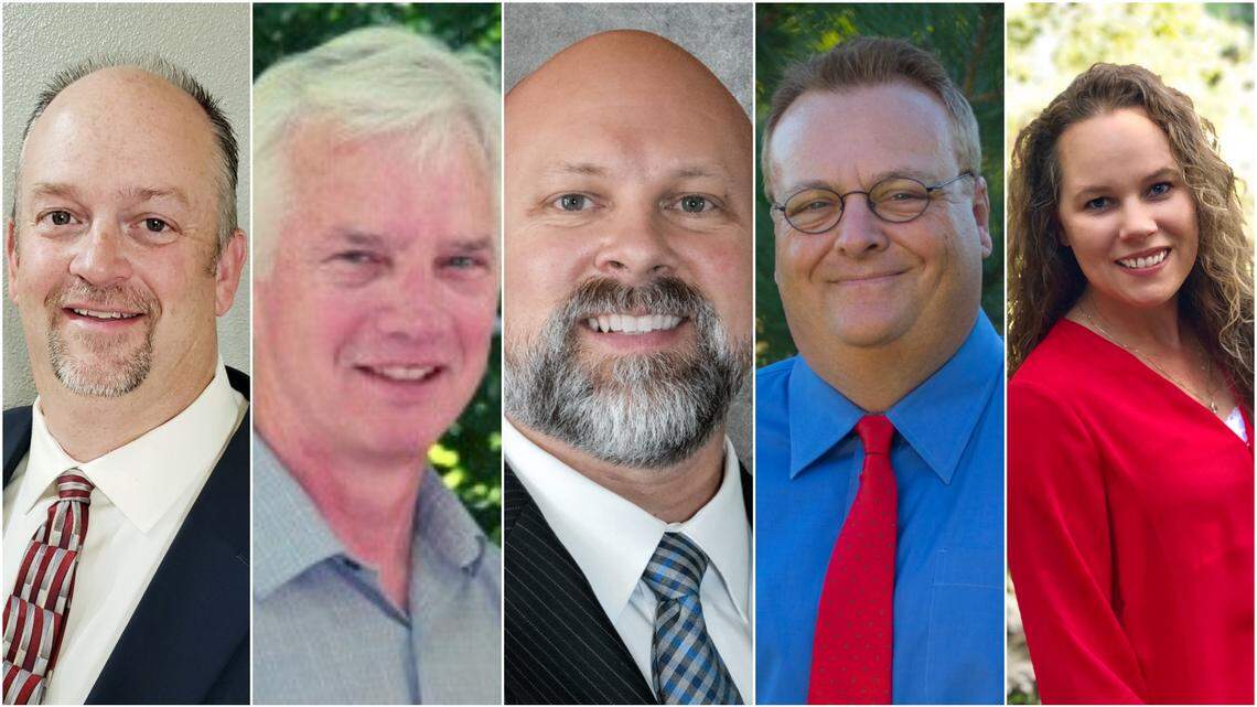 Candidates to be the next mayor and members of the city council for the city of Star. From left: Trevor A. Chadwick, Kevin Deats, Kevin Nielsen, Mike Olsen and Jennifer Salmonsen.