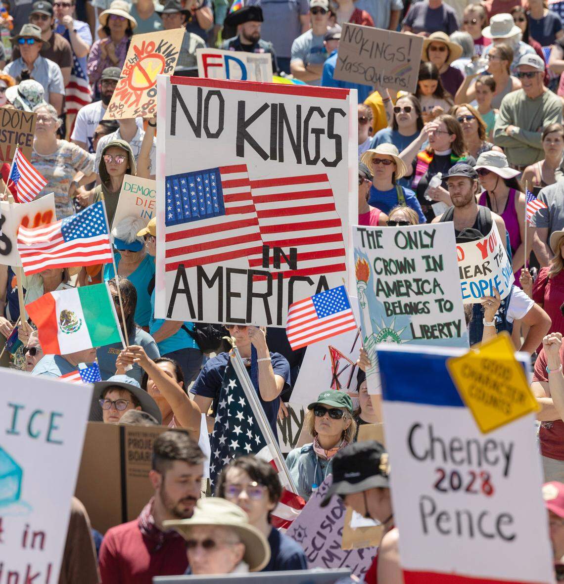Thousands of protesters gathered outside of the Idaho Capitol Building in Boise Saturday, June 14, 2025 as part of the national “No Kings” protests against President Donald Trump and his administration.