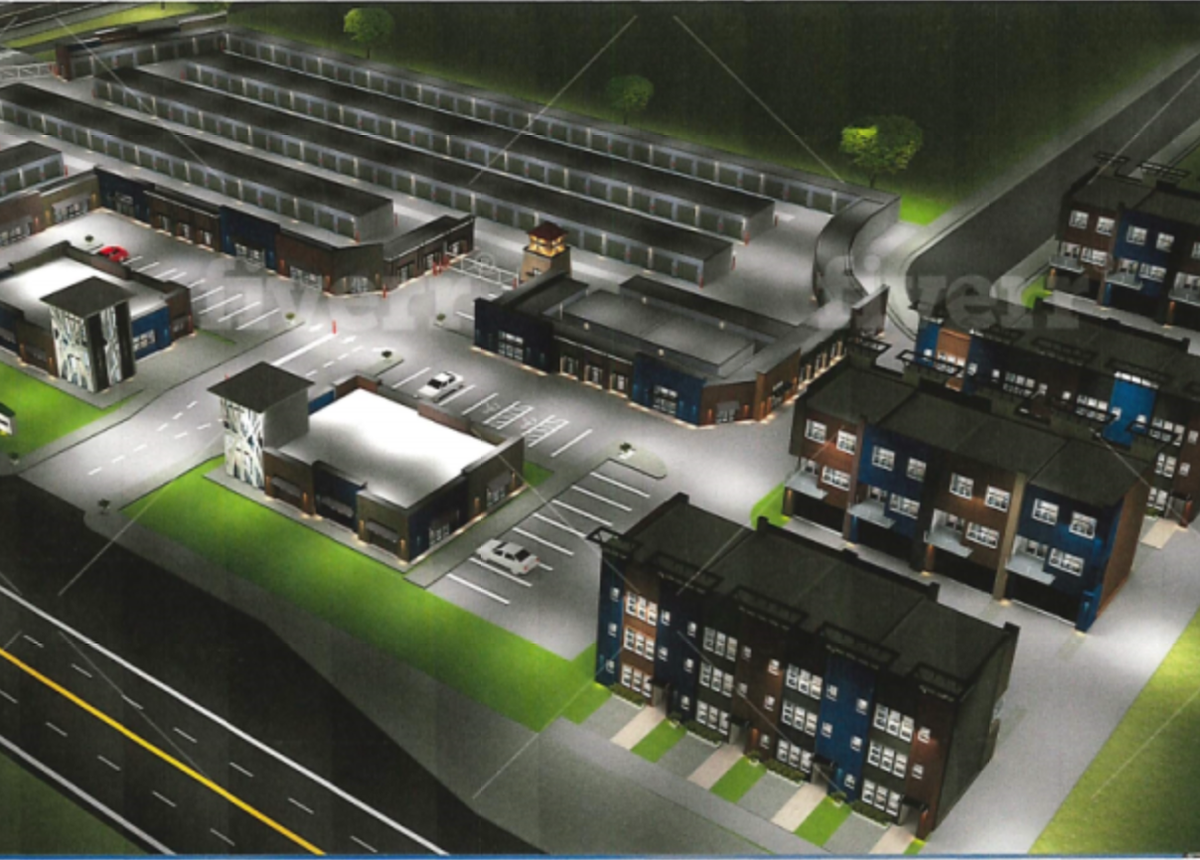 Chad Olsen and Russell Hunemiller are looking to build 16 townhouses, two office buildings and 300 units of self-storage at 1680 W. Ustick Road, at the northwest corner of West Ustick and Linder roads, in Meridian, as shown in this rendering. 