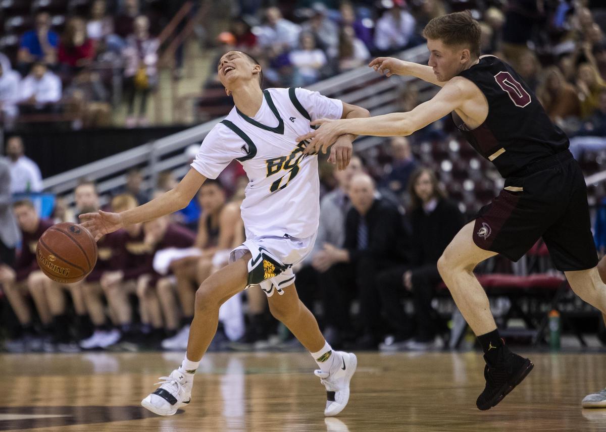 Borah senior Biggie Bergersen takes a hard foul from Rigby’s Easton Martin late in the fourth quarter of the Lions’ 72-59 win in the 5A state semifinals Friday.