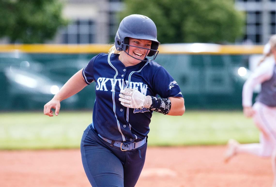 Skyview’s catcher Summer Makinster is all smiles after a home run in the 5A state semifinals last year at Mountain View High.