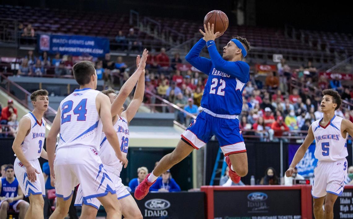 McCall-Donnelly guard DJ Green shoots a fadeaway jumper in last year’s 3A state championship against Marsh Valley.