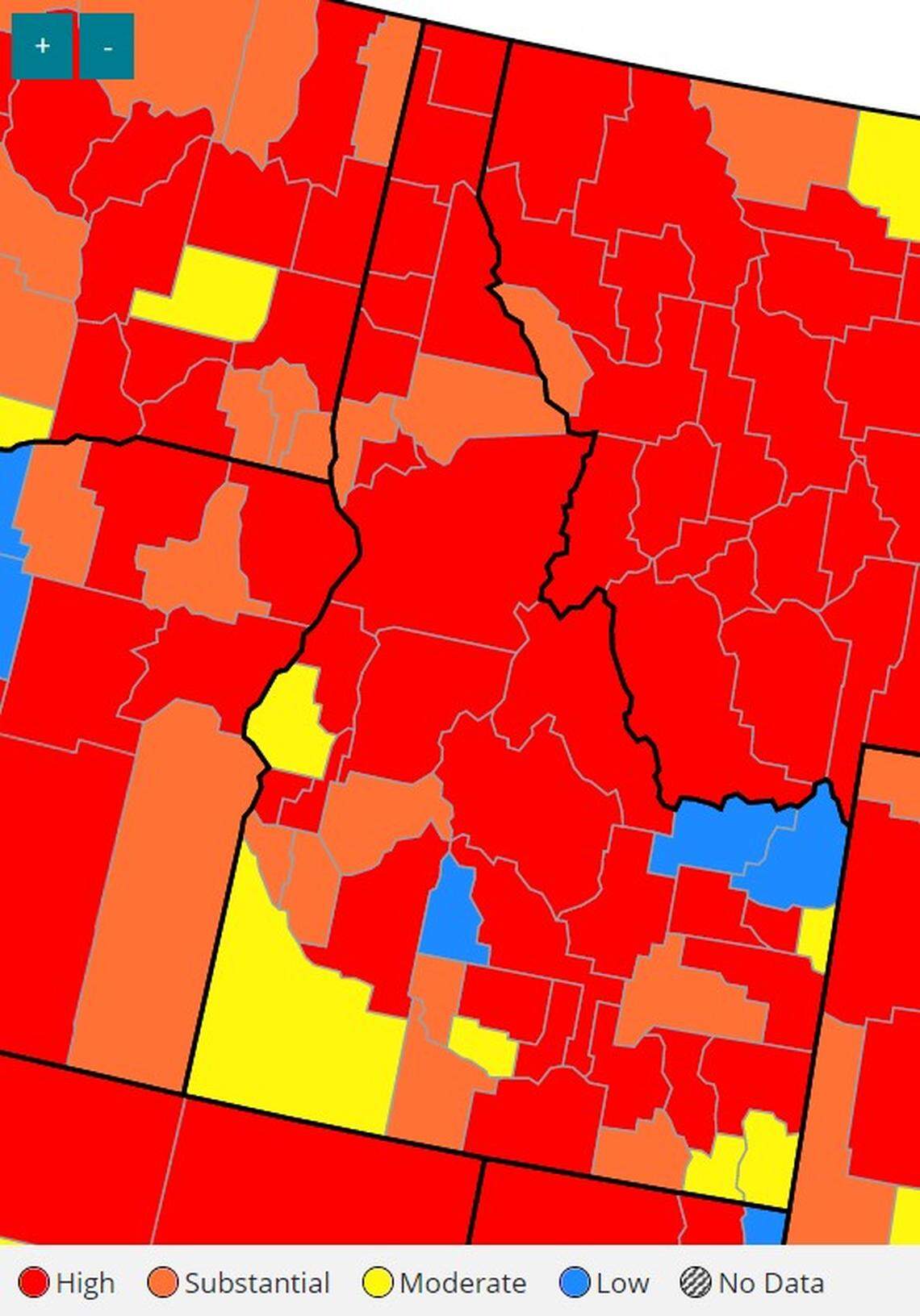 This map shows the current community transmission levels in Idaho, which are based on a 7-day average.