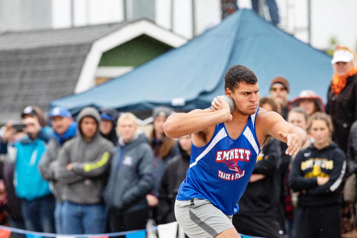 Axel Sanchez of Emmett competes in the 4A boys shot put at the IHSSA track and field state championships at Eagle High School on Friday, May 21, 2021. Sanchez won with a throw of 54 feet, 2 inches.