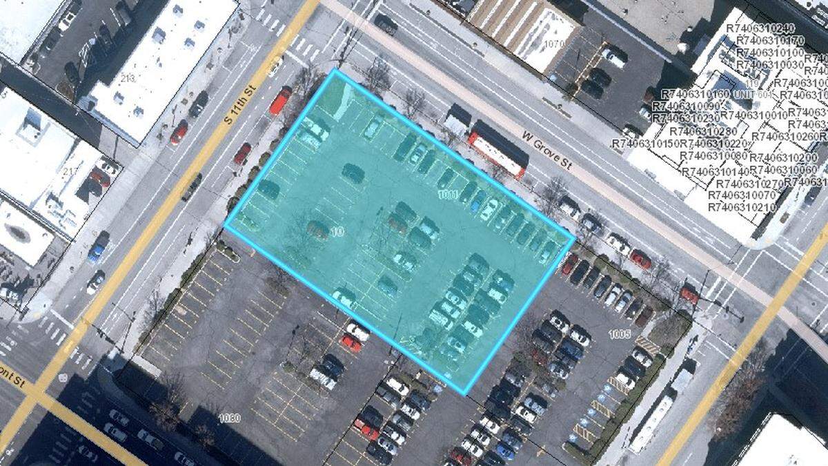 An aerial view of the parking lot at 1011 W. Grove St. in downtown where a Marriott hotel is planned.