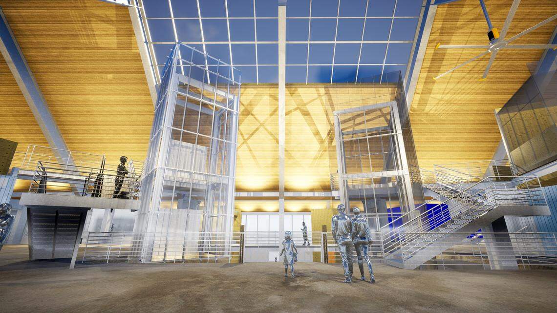 A rendering shows the interior of the Crystal Barn.