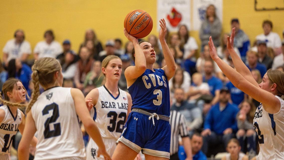 Cole Valley Christian sophomore Trinity Holsinger shoots and scores in the first half of their game against Bear Lake in the 2A state tournament semifinals Friday at Kuna High School.