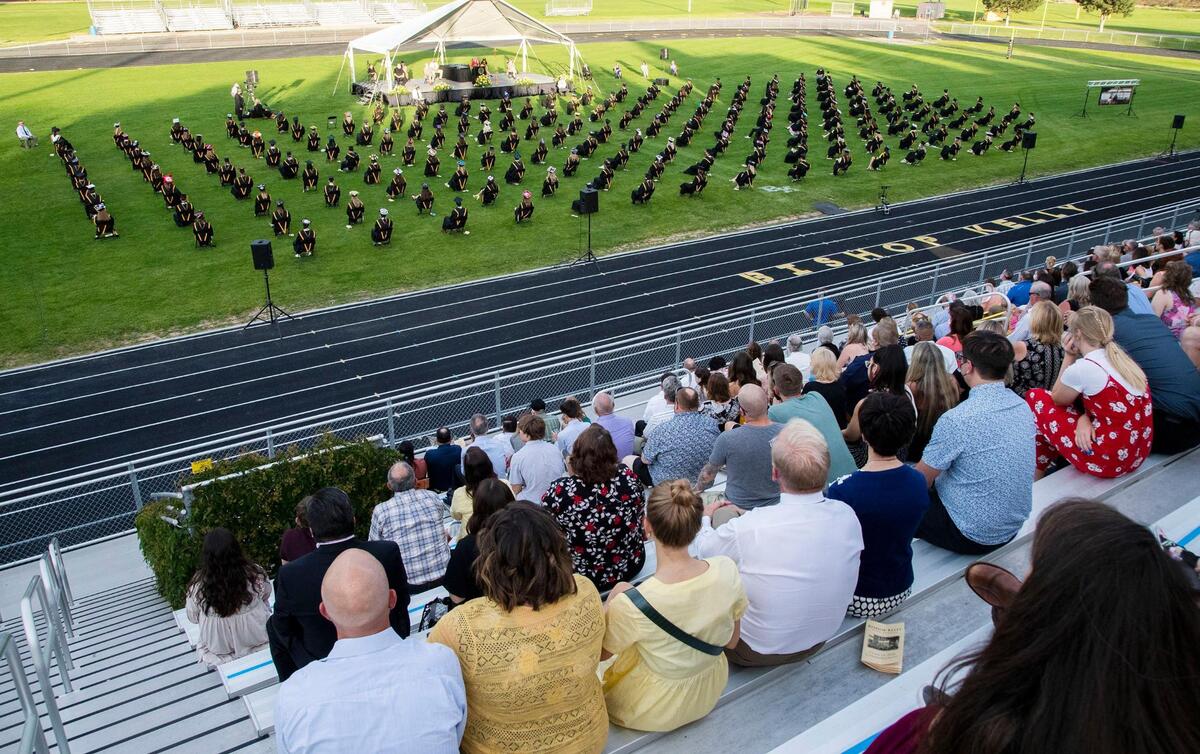 Bishop Kelly High’s class of 2020 graduated with an outdoor ceremony on Nick Ysursa Field Saturday, June 20, 2020. Graduates were limited to six invitations for the commencement ceremony during the coronavirus pandemic. Groups of people who are already living in the same household were allowed to sit together and maintian social distancing between families.