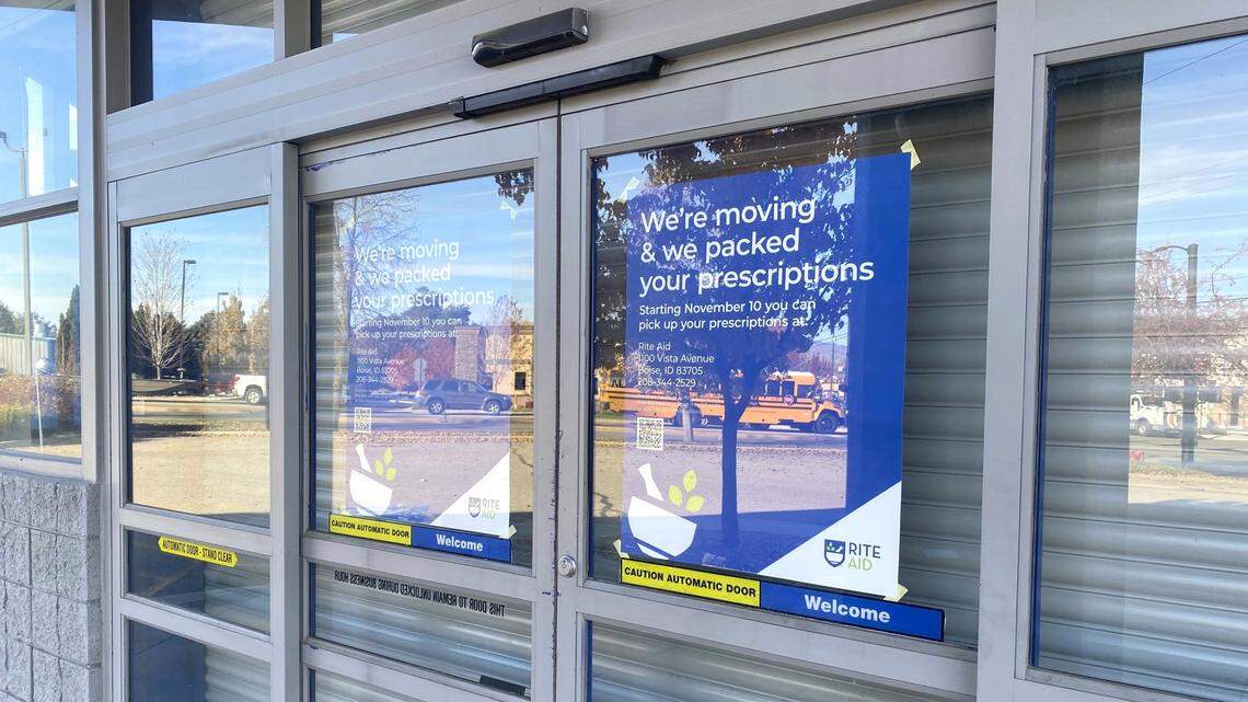 Signs on the doors of a closed Rite Aid store at 5005 W. Overland Road in Boise tell customers to pick up their prescriptions at another Rite Aid pharmacy.