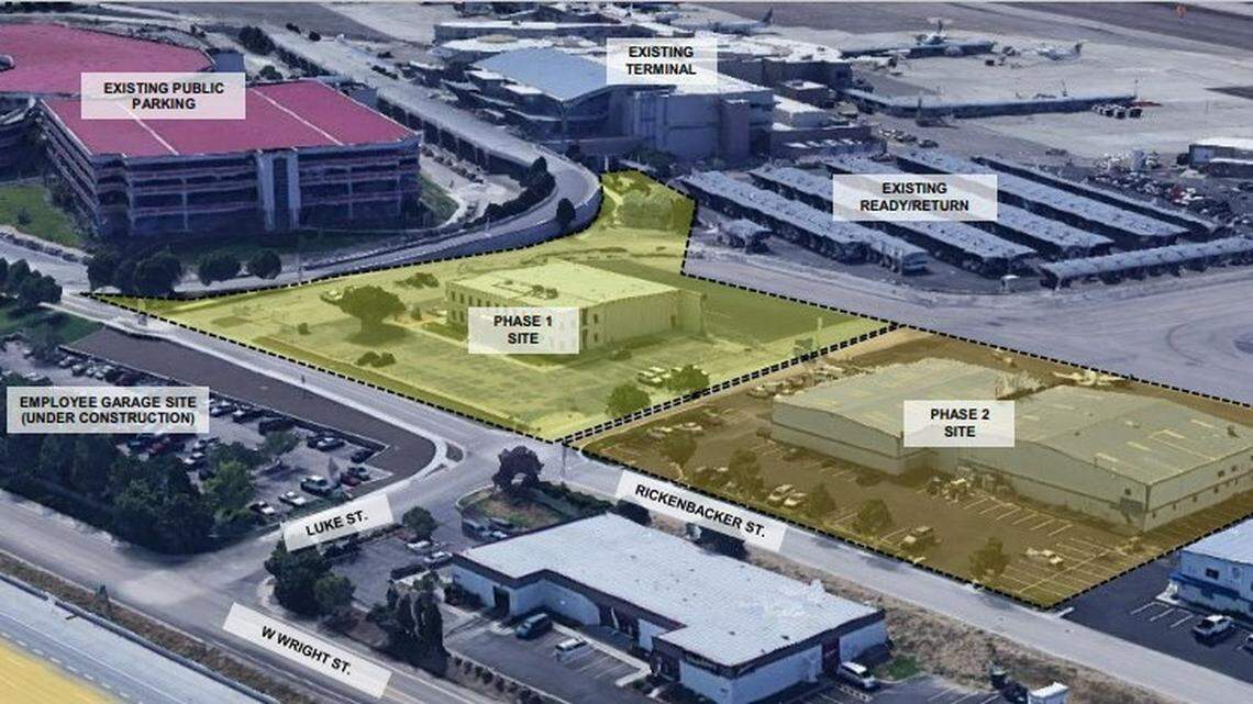 The car rental center would replace the two buildings in the middle of this image, the Idaho Transportation Department’s aeronautics offices and hangar and a building used by Western Air Express, a freight-delivery service. Interstate 84 is in the lower left corner.