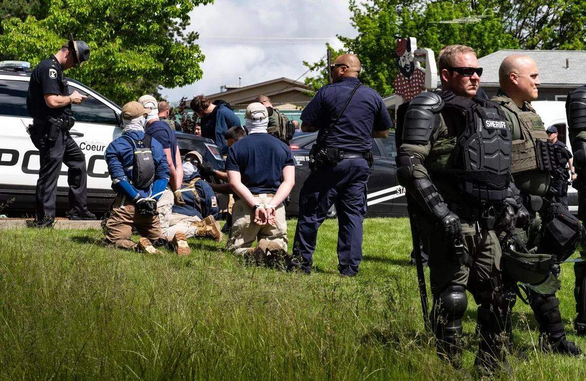 A large group of men with their faces concealed were removed from the back of U-Haul rental truck and arrested after a traffic stop by multiple police agencies on Northwest Boulevard in Coeur d’Alene. The stop was made just a few blocks from where the “Pride in the Park” event was being held in Coeur d’Alene City Park on Saturday.