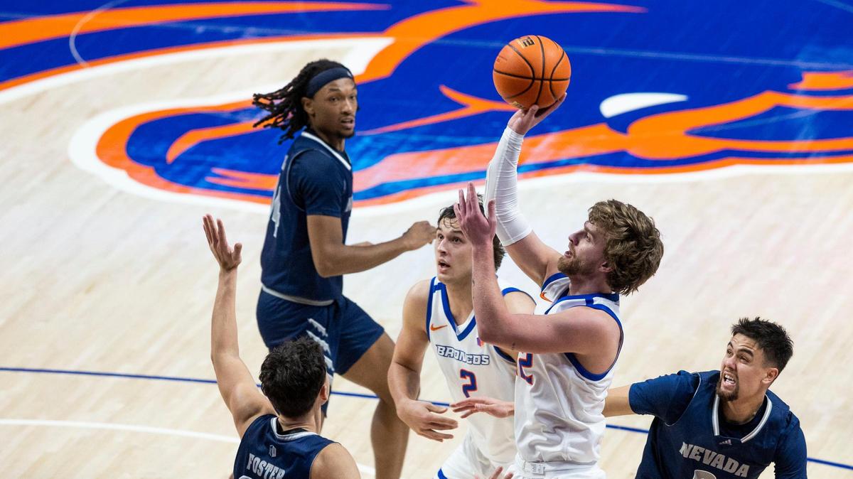 Boise State guard Max Rice scores on running jumper against Nevada on Tuesday at ExtraMile Arena in Boise. Rice finished with 29 points in the Broncos’ 77-62 Mountain West victory.