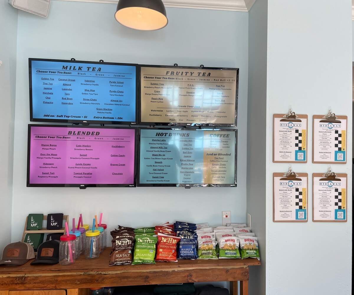 Walk through the front door, hang a right and you’ll see the menus for both Boise Boba and Hydeaway Deli, along with assorted chips.